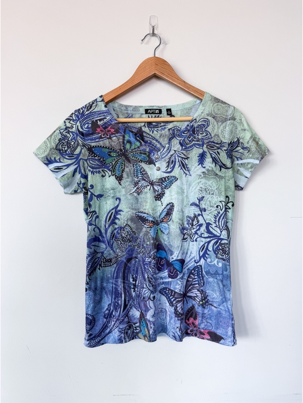 Apt 9 Blue Butterfly Short Sleeve Rhinestone Detail Grunge Burnout Whimsical